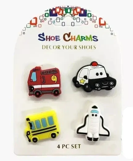 4 Pcs Transportation Shoe Charms For Croc Shoes- Bus, Police Car, Firetruck, Rocket