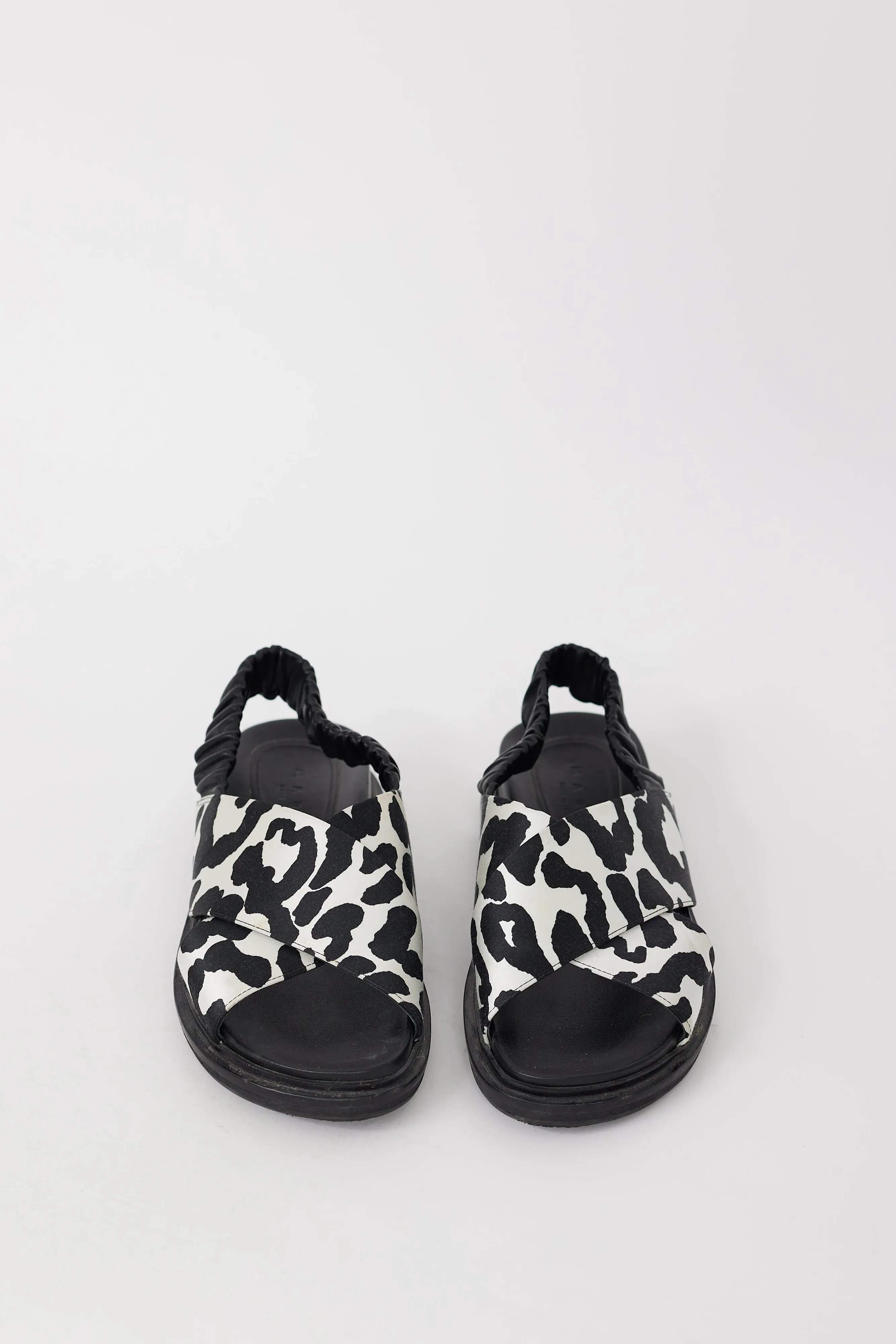 Black & White Printed Satin & Leather Fussbett Sandal