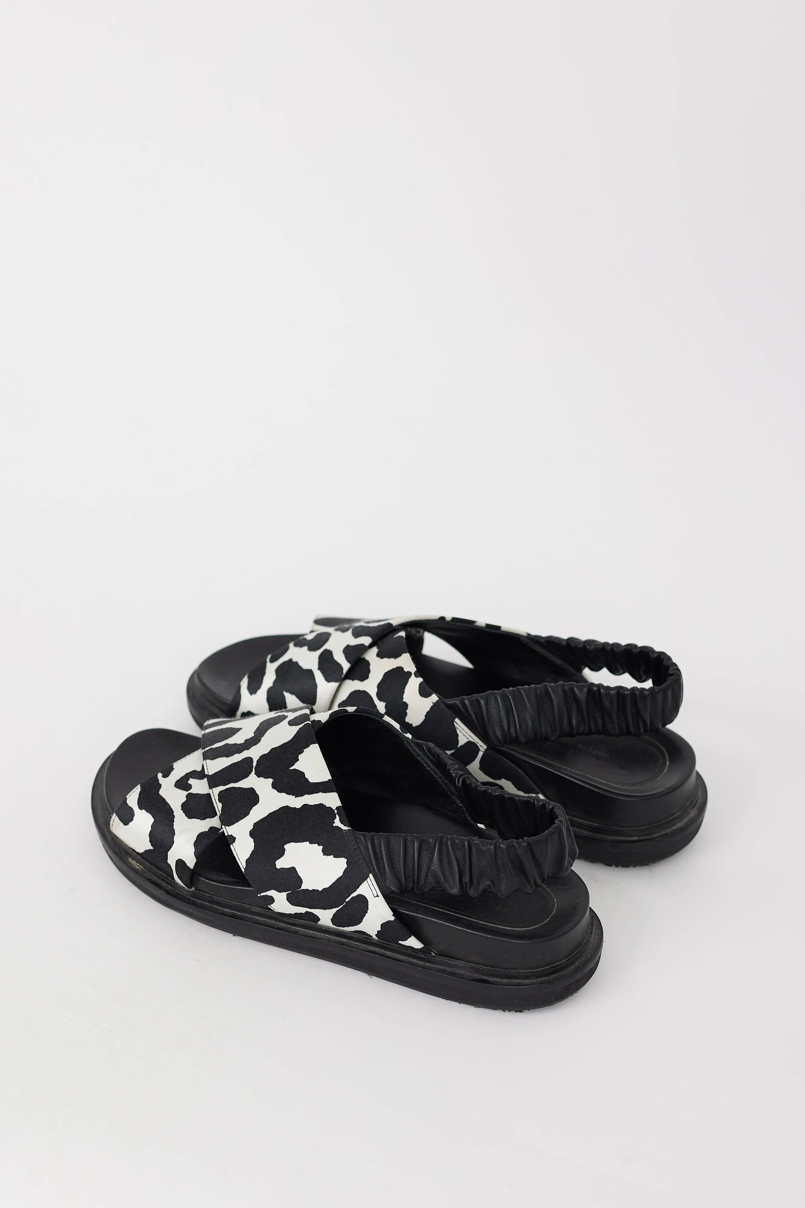 Black & White Printed Satin & Leather Fussbett Sandal