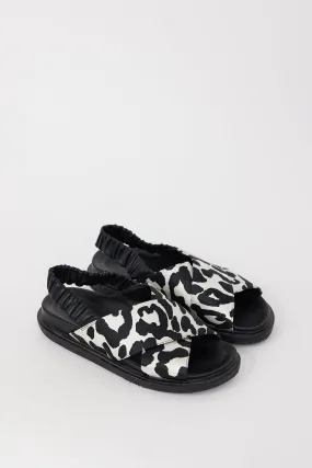Black & White Printed Satin & Leather Fussbett Sandal