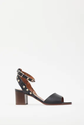 Black Leather Rockstud Block Heel Sandal
