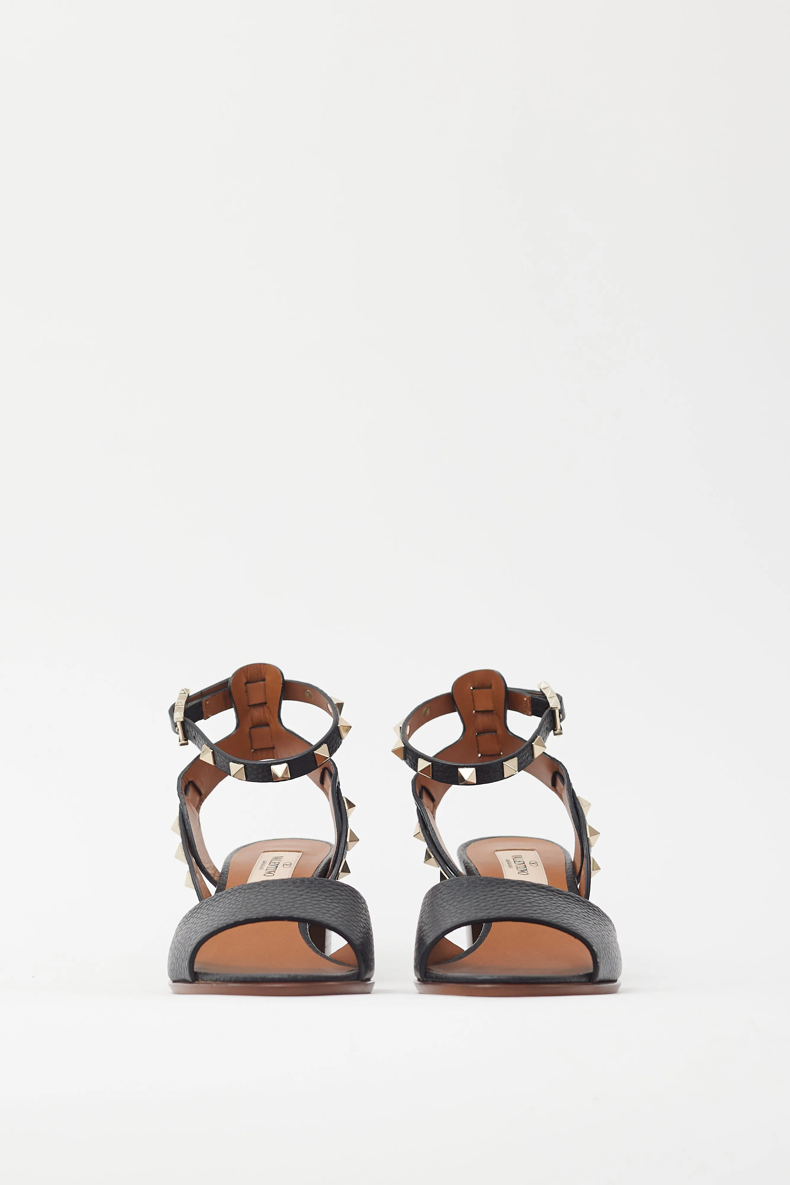 Black Leather Rockstud Block Heel Sandal