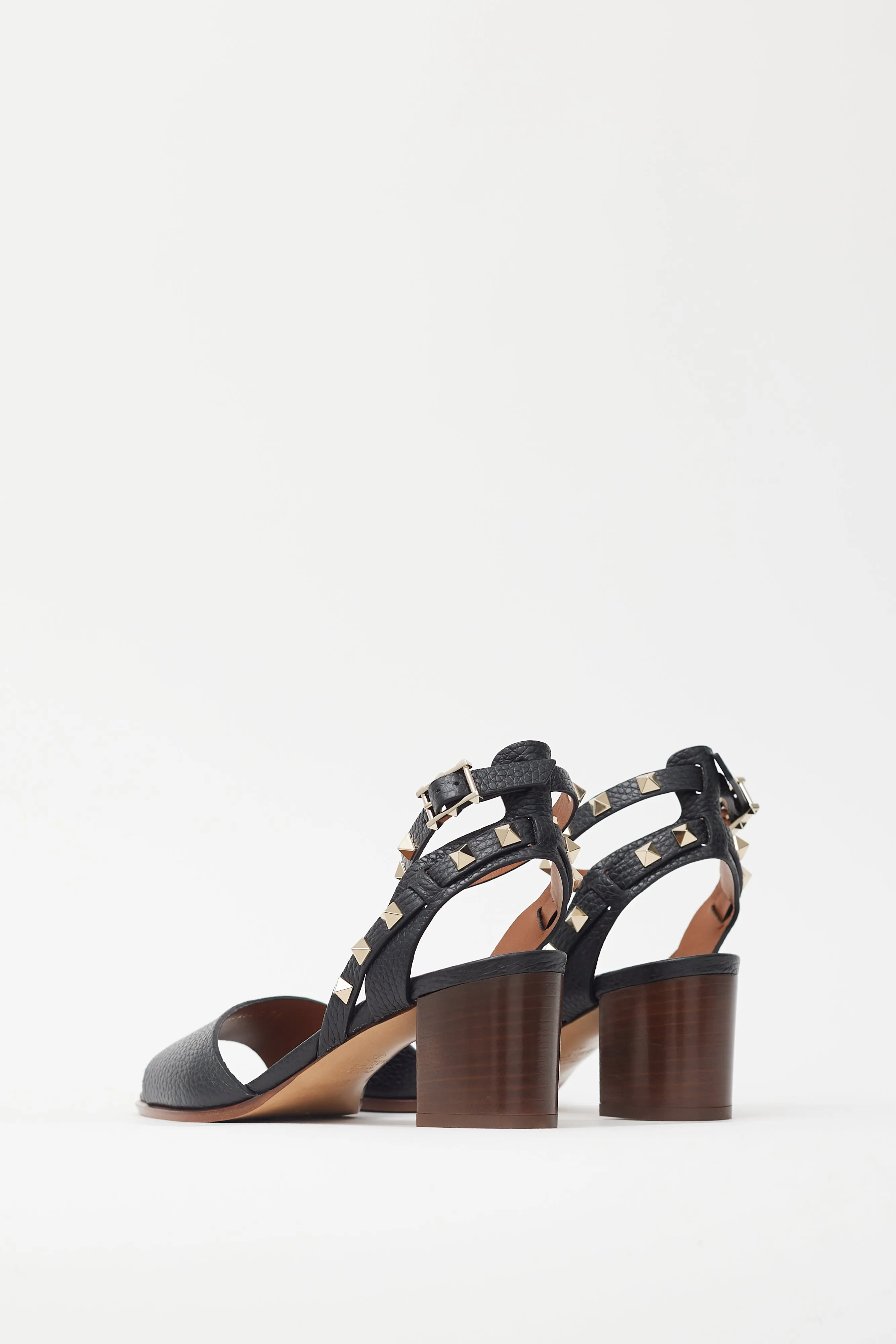 Black Leather Rockstud Block Heel Sandal