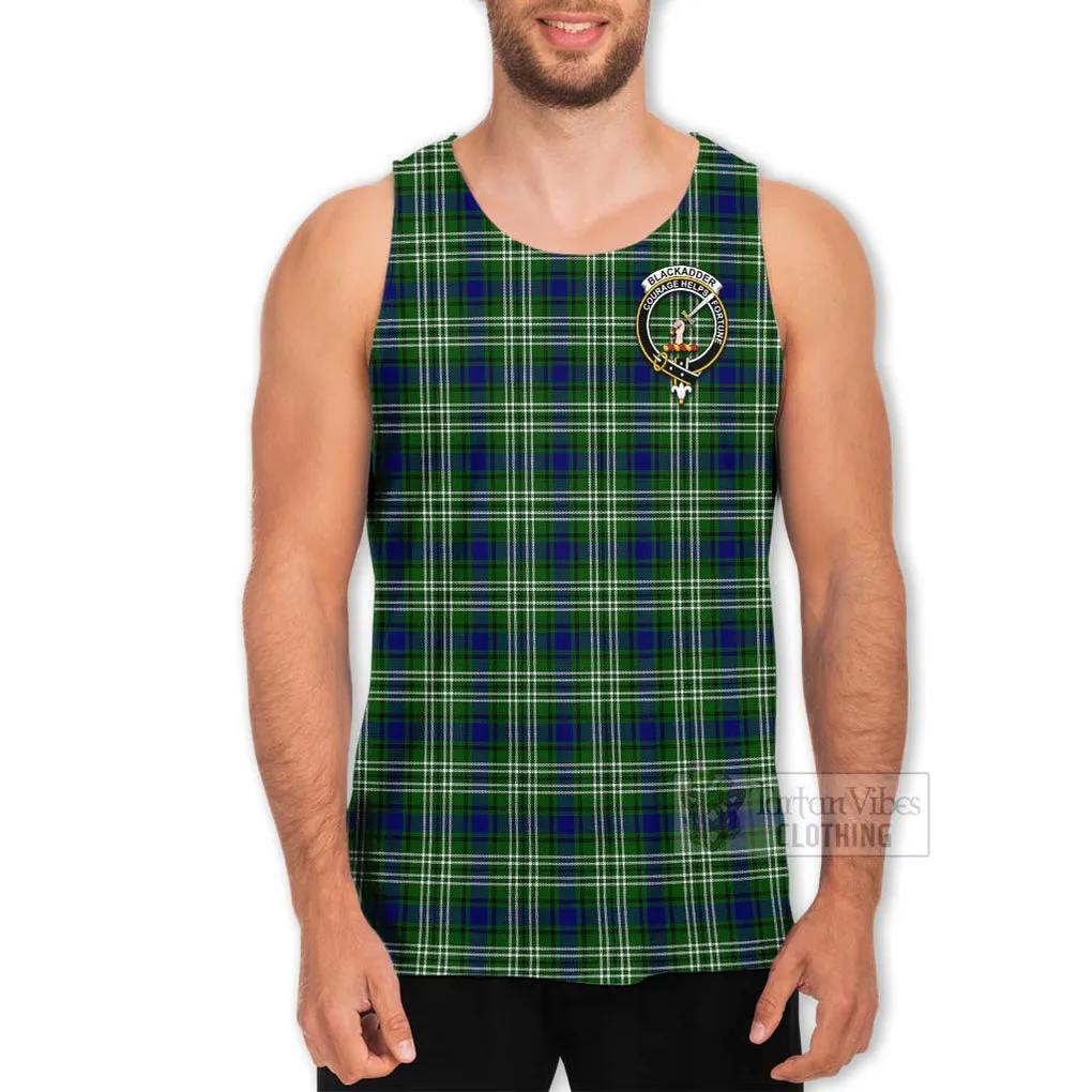 Blackadder Tartan Men's Tank Top with Family Crest and Bearded Skull Holding Bottles of Whiskey