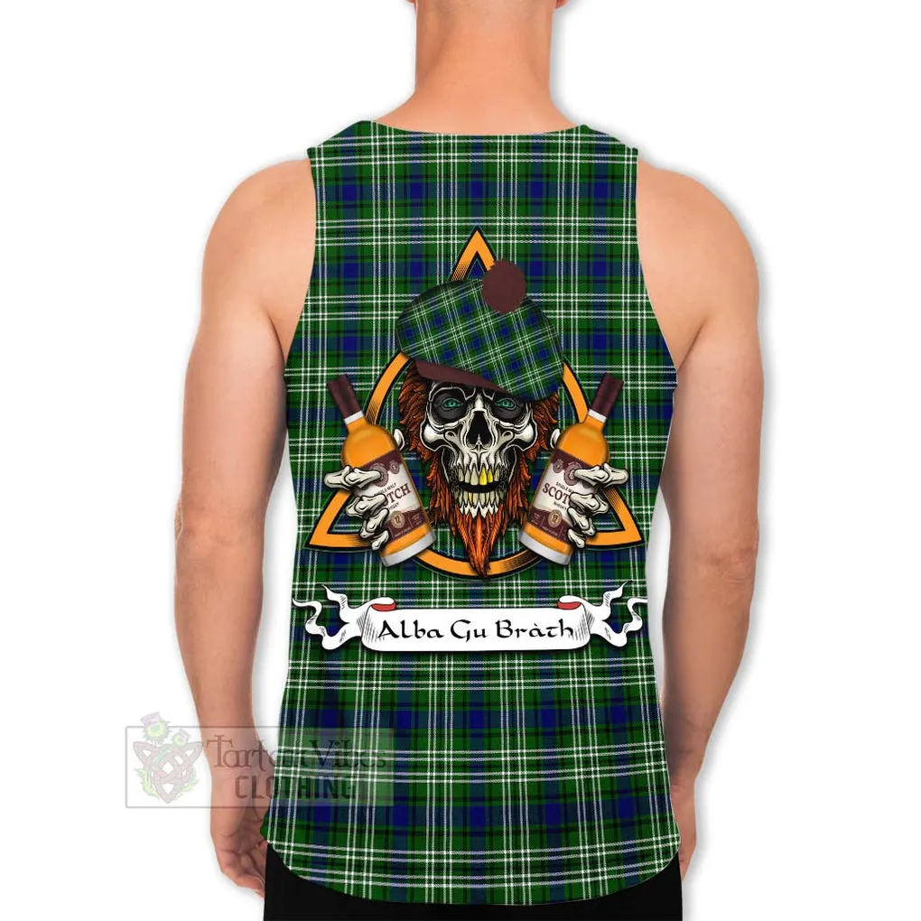 Blackadder Tartan Men's Tank Top with Family Crest and Bearded Skull Holding Bottles of Whiskey