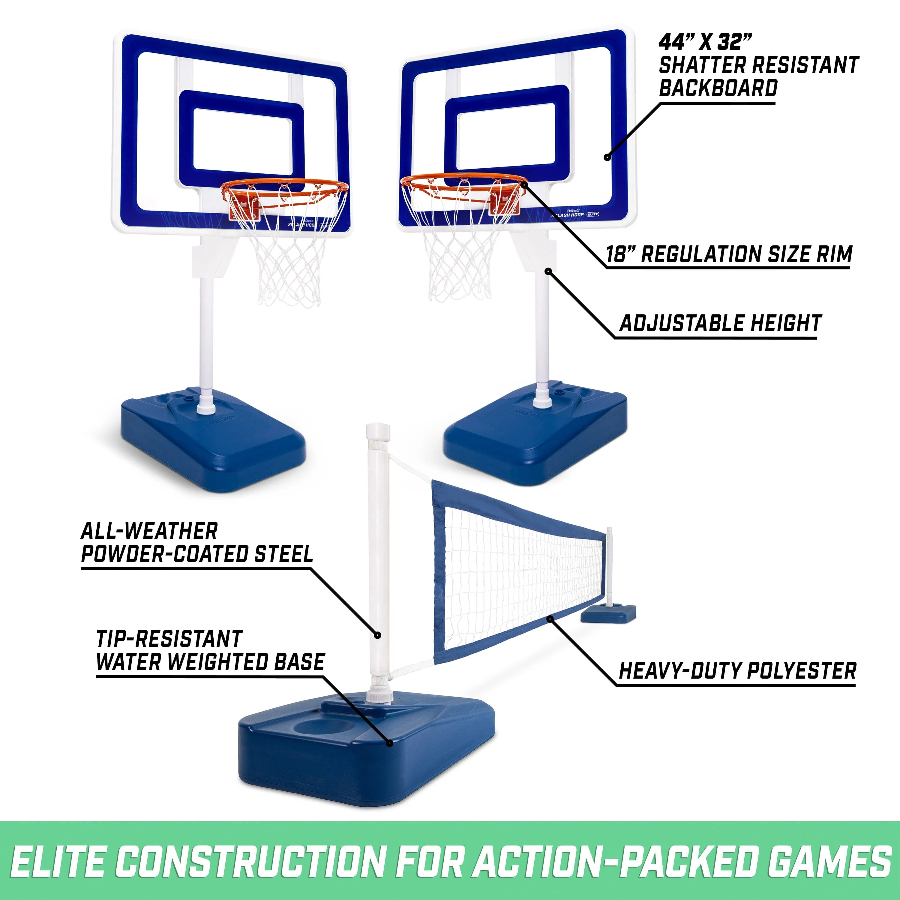GoSports Splash Hoop ELITE 2-in-1 Full Court Pool Basketball & Volleyball Game Set