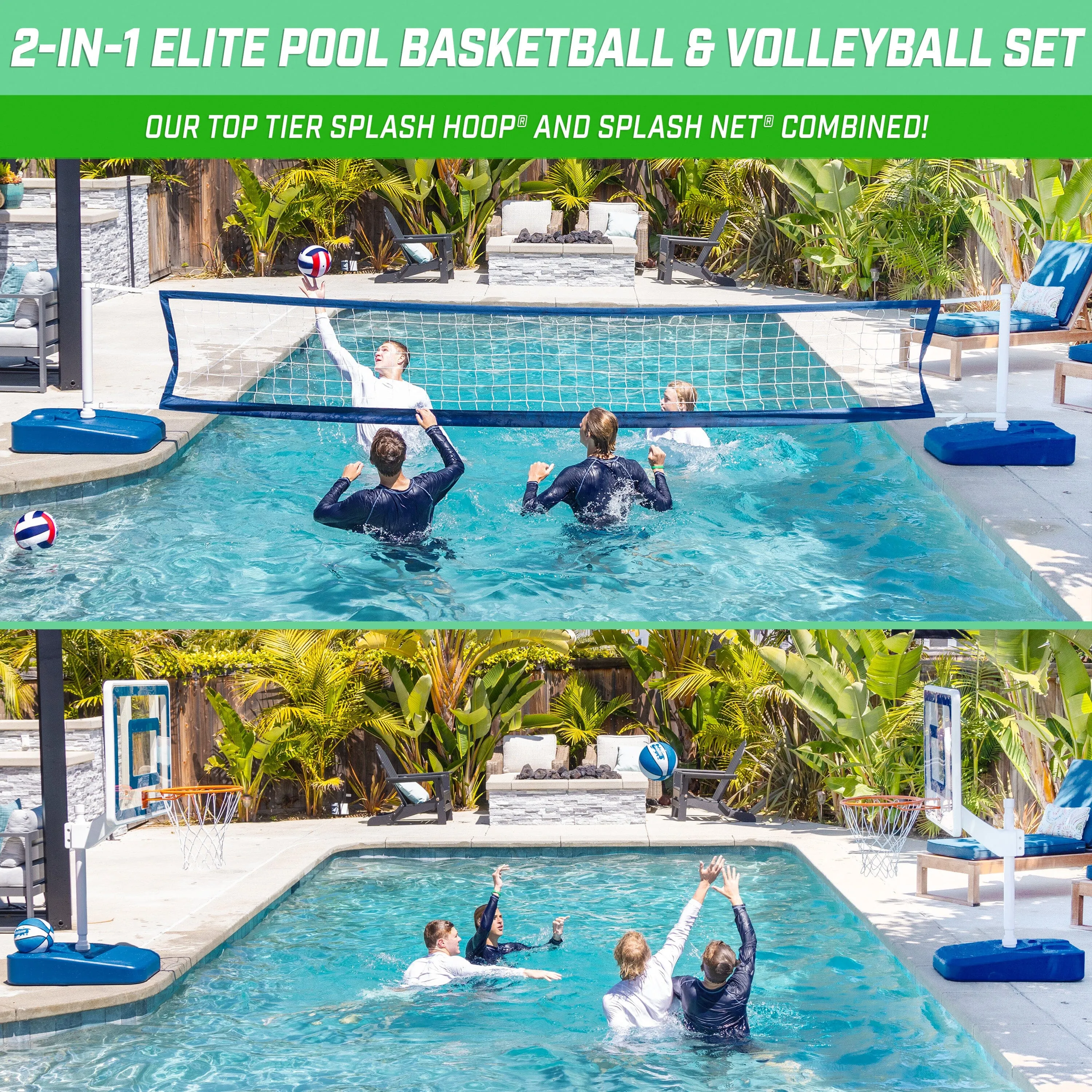GoSports Splash Hoop ELITE 2-in-1 Full Court Pool Basketball & Volleyball Game Set
