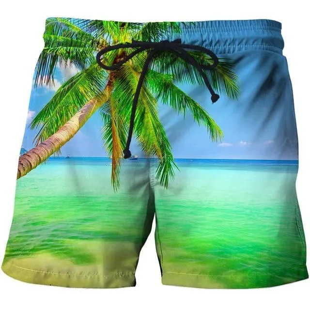 Loose Elastic Waist Men T Shorts Quick Dry Bodybuilding Breathable 3D Printer Clothing Short Summer Coconut Palm Tree Beach Male