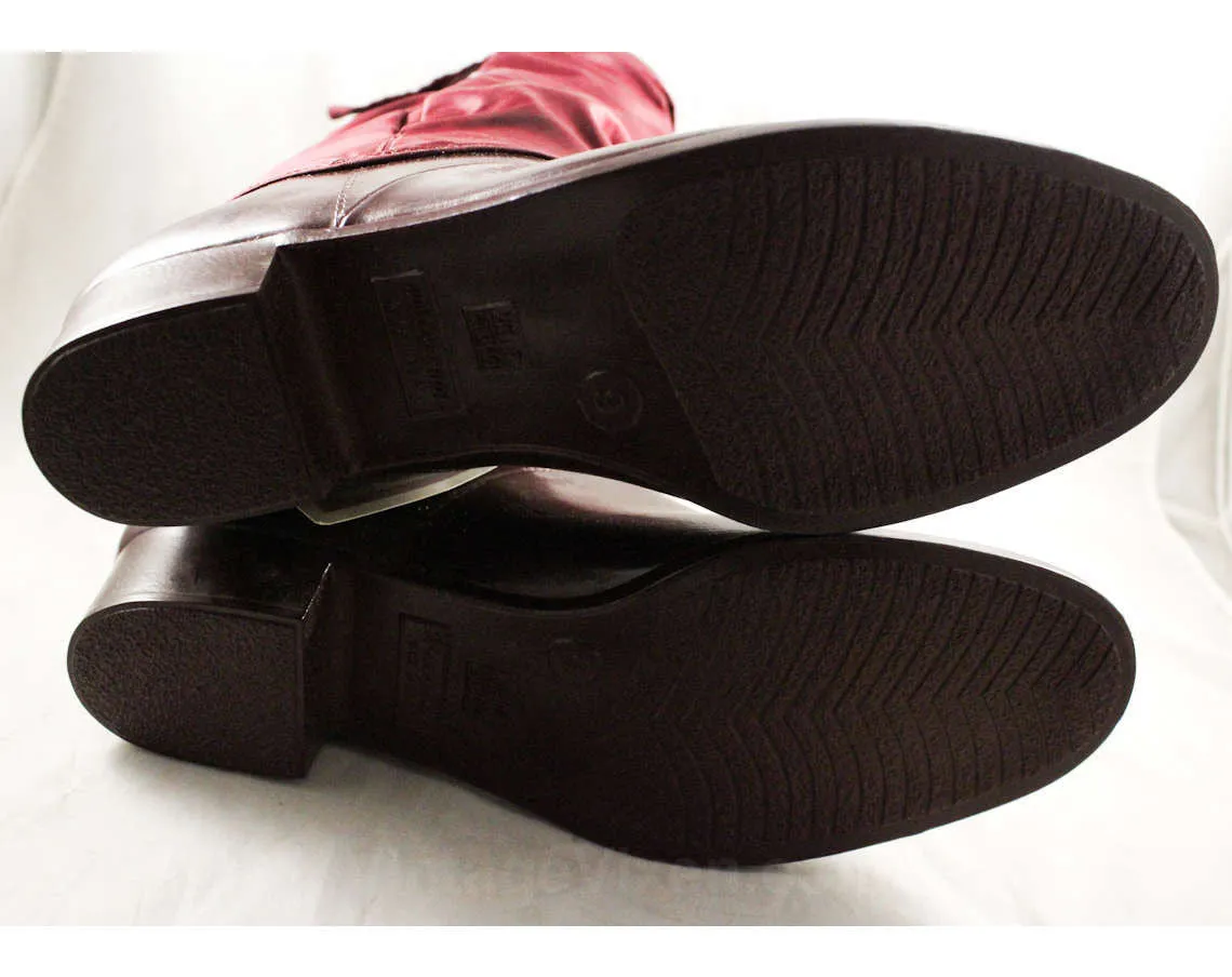 Size 9 Cranberry Boots - Unworn Maroon Waterproof Rubber & Canvas - Utilitarian 1960s Preppy Fleece Lined Boot - NOS 60s 70s Deadstock