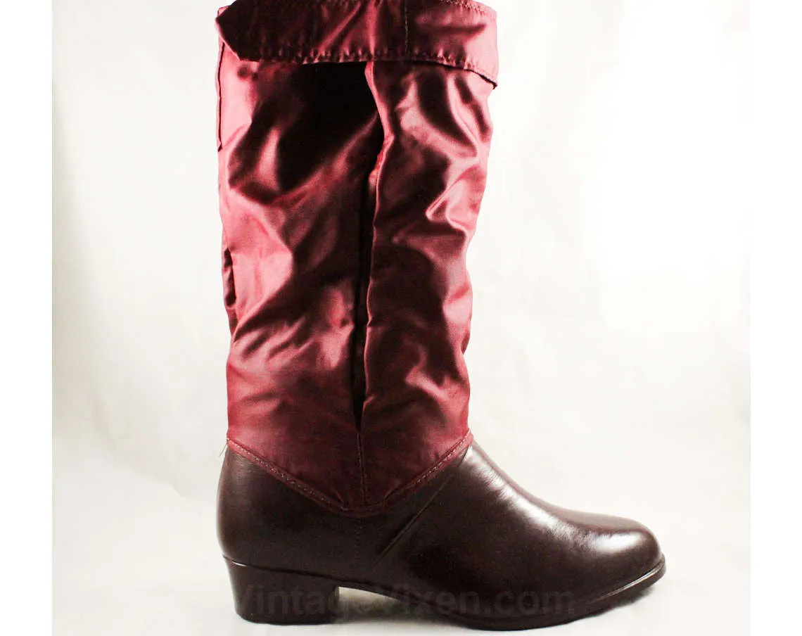 Size 9 Cranberry Boots - Unworn Maroon Waterproof Rubber & Canvas - Utilitarian 1960s Preppy Fleece Lined Boot - NOS 60s 70s Deadstock